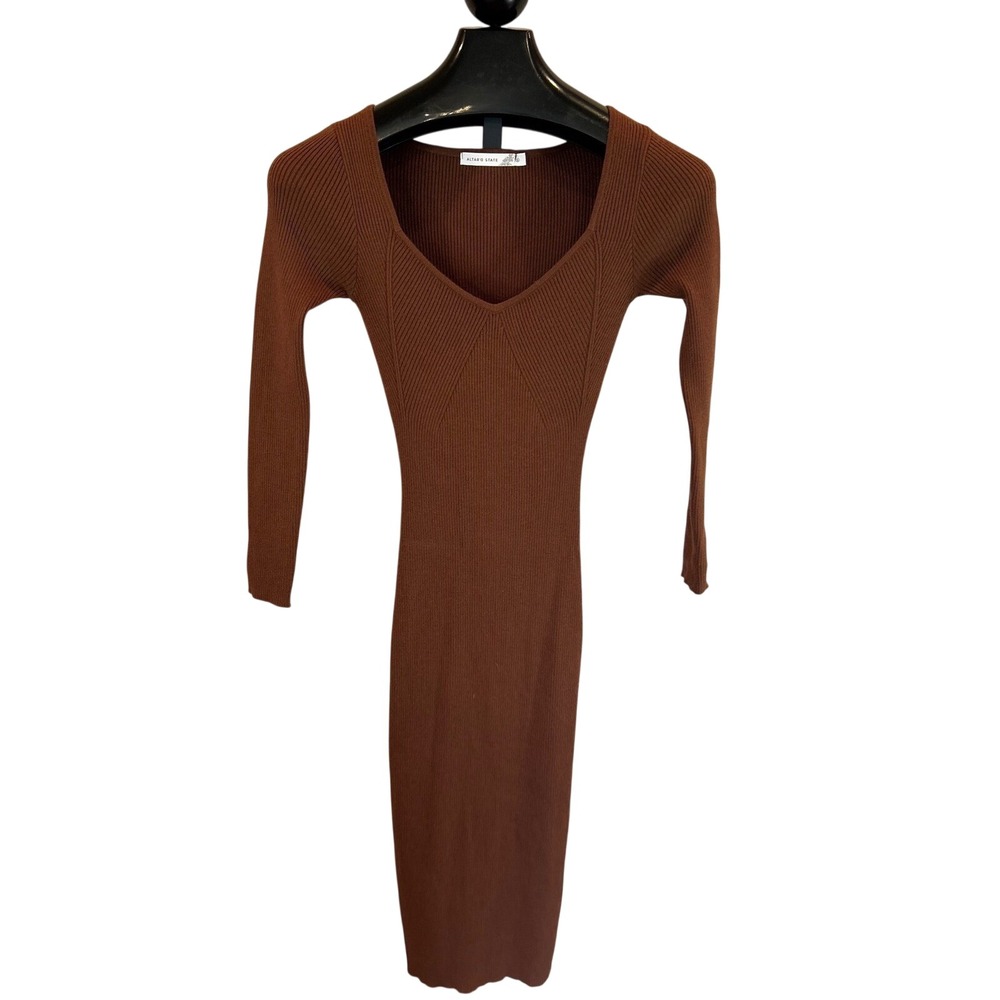 Altar State Ribbed Knit Midi Dress Long Sleeve Brown V Neck Stretch Women's‎ S